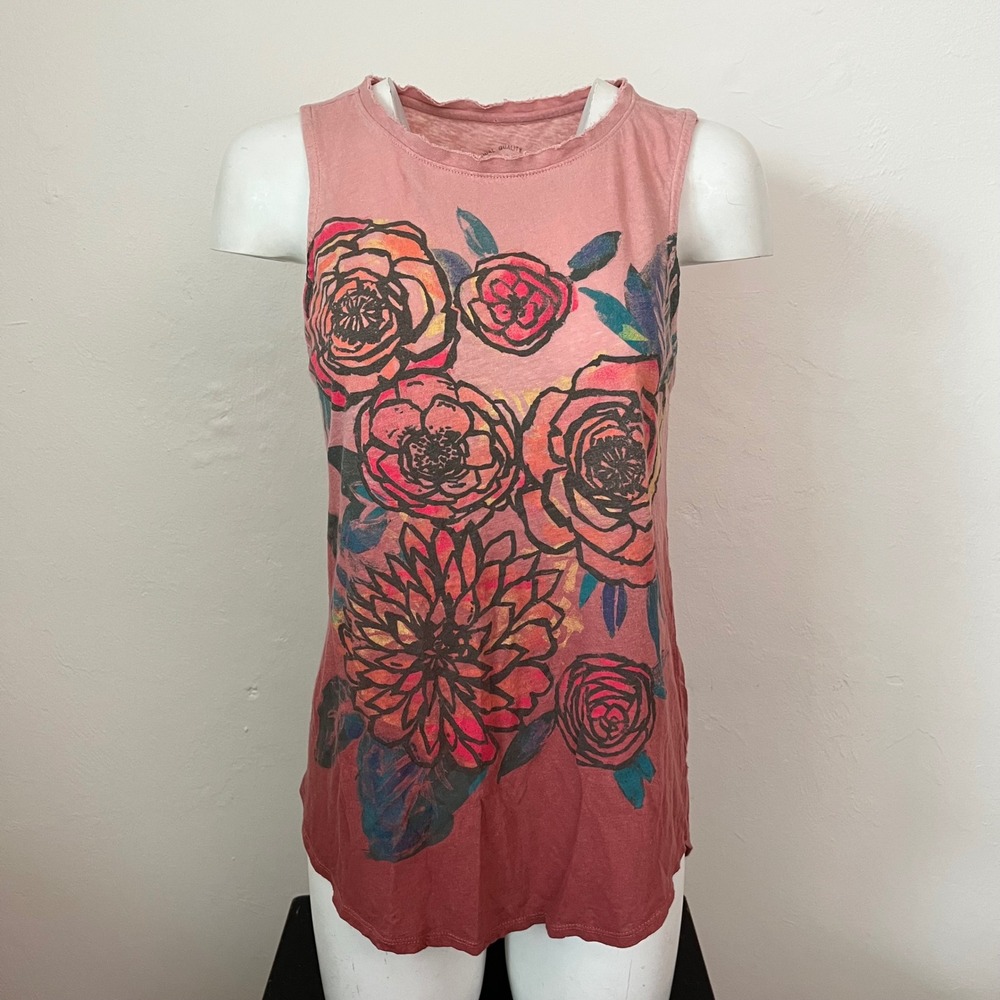Lucky Brand Pink Ombre Floral Graphic Tank Top Small Sleeveless Raw Edge Hem